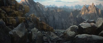 Movie still from “Star Trek Beyond” (2016), directed by Justin Lin – A view of a mountain range from the top of a cliff; Extreme Wide shot, High angle