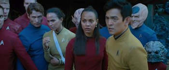 Movie still from “Star Trek Beyond” (2016), directed by Justin Lin – A group of people standing next to each other; Medium shot, Over the shoulder angle