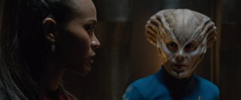 Movie still from “Star Trek Beyond” (2016), directed by Justin Lin – A woman and a man looking at each other; Close Up shot, Over the shoulder angle