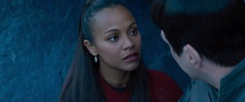 Movie still from “Star Trek Beyond” (2016), directed by Justin Lin – A woman that is talking to another woman; Close Up shot, Over the shoulder angle