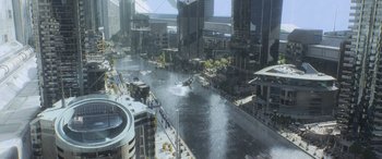 Movie still from “Star Trek Beyond” (2016), directed by Justin Lin – An aerial view of a city with buildings and a river; Extreme Wide shot, High angle