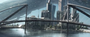 Movie still from “Star Trek Beyond” (2016), directed by Justin Lin – An image of a city with a bridge in the middle of it; Extreme Wide shot, High angle