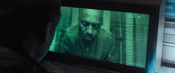 Movie still from “Star Trek Beyond” (2016), directed by Justin Lin – A person is looking at a television screen with an image of a man; Close Up shot, High angle