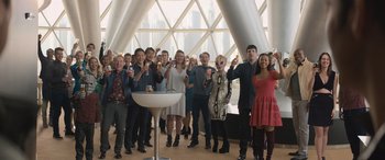 Movie still from “Star Trek Beyond” (2016), directed by Justin Lin – A large group of people are holding drinks in their hands; Wide shot, High angle