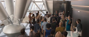 Movie still from “Star Trek Beyond” (2016), directed by Justin Lin – A group of people standing in front of a window; Wide shot, High angle