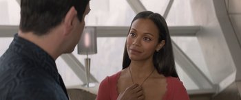 Movie still from “Star Trek Beyond” (2016), directed by Justin Lin – A woman that is looking at a man; Close Up shot, Over the shoulder angle