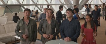 Movie still from “Star Trek Beyond” (2016), directed by Justin Lin – A group of men standing next to each other in a room; Medium shot, Over the shoulder angle
