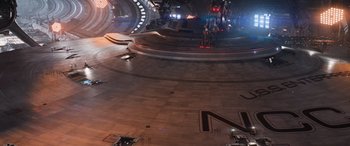 Movie still from “Star Trek Beyond” (2016), directed by Justin Lin – A view of the inside of a space station; Extreme Wide shot, Overhead angle