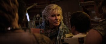 Movie still from “Star Trek II: The Wrath of Khan” (1982), directed by Nicholas Meyer – A man with blonde hair is looking at the camera; Close Up shot, Over the shoulder angle