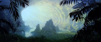 Movie still from “Star Trek II: The Wrath of Khan” (1982), directed by Nicholas Meyer – An oil painting of a mountain and a lake; Extreme Wide shot, Low angle