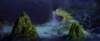 Movie still from “Star Trek II: The Wrath of Khan” (1982), directed by Nicholas Meyer – A painting of a waterfall in a dark cave; Extreme Wide shot, High angle