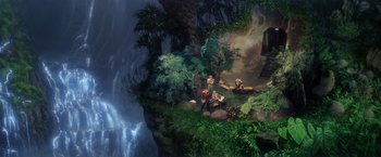 Movie still from “Star Trek II: The Wrath of Khan” (1982), directed by Nicholas Meyer – A painting of a waterfall and some people; Extreme Wide shot, High angle