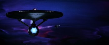 Movie still from “Star Trek II: The Wrath of Khan” (1982), directed by Nicholas Meyer – A star trek ship in the night sky; Extreme Wide shot, Low angle