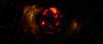 Movie still from “Star Trek II: The Wrath of Khan” (1982), directed by Nicholas Meyer – An image of an orange and red nebula in space; Extreme Wide shot, Overhead angle