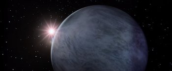 Movie still from “Star Trek II: The Wrath of Khan” (1982), directed by Nicholas Meyer – An exoplanet is shown with the sun in the background; Extreme Wide shot, Overhead angle