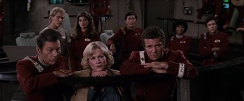 Movie still from “Star Trek II: The Wrath of Khan” (1982), directed by Nicholas Meyer – A group of people standing next to each other in a room; Medium shot, Over the shoulder angle