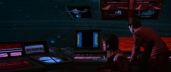 Movie still from “Star Trek III: The Search for Spock” (1984), directed by Leonard Nimoy – A man sitting in front of a computer monitor; Wide shot, Low angle