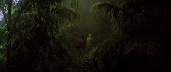 Movie still from “Star Trek III: The Search for Spock” (1984), directed by Leonard Nimoy – Two people are sitting in the middle of the jungle; Extreme Wide shot, High angle