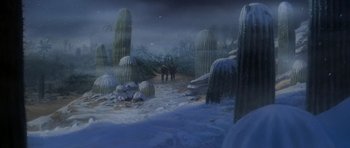 Movie still from “Star Trek III: The Search for Spock” (1984), directed by Leonard Nimoy – A painting of two people on a horse in the snow; Extreme Wide shot, High angle