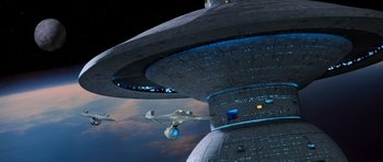 Movie still from “Star Trek III: The Search for Spock” (1984), directed by Leonard Nimoy – An image of an alien ship in the sky; Extreme Wide shot, Low angle