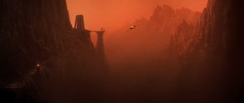 Movie still from “Star Trek III: The Search for Spock” (1984), directed by Leonard Nimoy – A bird flying in the sky over a mountain range; Extreme Wide shot, Low angle