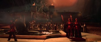 Movie still from “Star Trek III: The Search for Spock” (1984), directed by Leonard Nimoy – A crowd of people standing around a fire pit; Extreme Wide shot, High angle