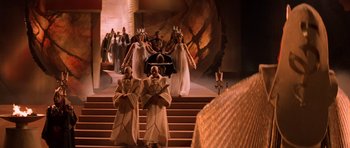 Movie still from “Star Trek III: The Search for Spock” (1984), directed by Leonard Nimoy – A group of people in costume on a stage; Wide shot, High angle