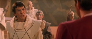 Movie still from “Star Trek III: The Search for Spock” (1984), directed by Leonard Nimoy – A group of people in a room next to each other; Medium shot, Over the shoulder angle