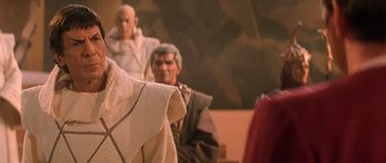 Movie still from “Star Trek III: The Search for Spock” (1984), directed by Leonard Nimoy – A statue of a man and a woman; Medium shot, Over the shoulder angle