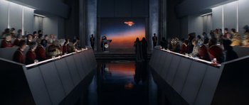 Movie still from “Star Trek IV: The Voyage Home” (1986), directed by Leonard Nimoy – A group of people standing in front of a large screen; Extreme Wide shot, Low angle