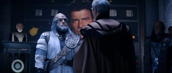 Movie still from “Star Trek IV: The Voyage Home” (1986), directed by Leonard Nimoy – A man and a woman in front of an image of a man; Medium shot, Over the shoulder angle