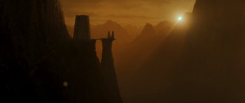 Movie still from “Star Trek IV: The Voyage Home” (1986), directed by Leonard Nimoy – The sun is setting over a mountain range; Extreme Wide shot, High angle