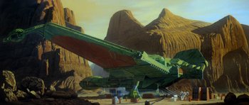 Movie still from “Star Trek IV: The Voyage Home” (1986), directed by Leonard Nimoy – A painting of an alien ship in the desert; Extreme Wide shot, Low angle