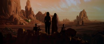 Movie still from “Star Trek IV: The Voyage Home” (1986), directed by Leonard Nimoy – A group of people standing on top of a hill; Extreme Wide shot, Low angle
