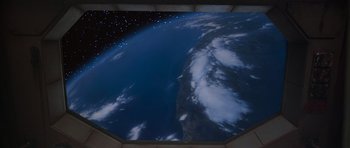 Movie still from “Star Trek IV: The Voyage Home” (1986), directed by Leonard Nimoy – A view of the earth from the space station; Extreme Wide shot, Overhead angle