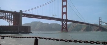 Movie still from “Star Trek IV: The Voyage Home” (1986), directed by Leonard Nimoy – A view of the golden gate bridge from the water; Extreme Wide shot, Low angle
