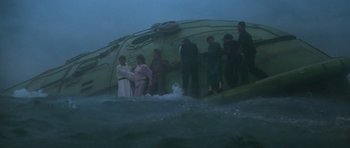 Movie still from “Star Trek IV: The Voyage Home” (1986), directed by Leonard Nimoy – A group of people standing on top of a boat in the water; Extreme Wide shot, High angle