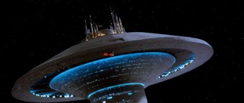 Movie still from “Star Trek IV: The Voyage Home” (1986), directed by Leonard Nimoy – A spaceship with a castle on top of it; Extreme Wide shot, Low angle