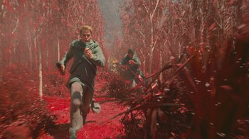 Movie still from “Star Trek Into Darkness” (2013), directed by J.J. Abrams – Two men are running through a red forest; Wide shot, High angle