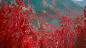 Movie still from “Star Trek Into Darkness” (2013), directed by J.J. Abrams – Red flowers and trees in the foreground with a building in the background; Extreme Wide shot, High angle