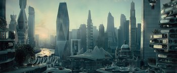 Movie still from “Star Trek Into Darkness” (2013), directed by J.J. Abrams – An image of a large city with a lot of skyscrapers; Extreme Wide shot, High angle