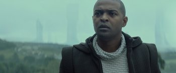 Movie still from “Star Trek Into Darkness” (2013), directed by J.J. Abrams – A person wearing a jacket; Close Up shot, Low angle