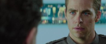 Movie still from “Star Trek Into Darkness” (2013), directed by J.J. Abrams – A man's blue eyes as he looks at another man; Close Up shot, Over the shoulder angle