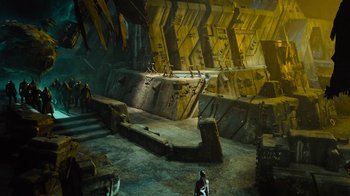 Movie still from “Star Trek Into Darkness” (2013), directed by J.J. Abrams – A group of people standing in a room; Extreme Wide shot, High angle