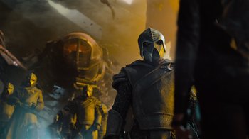 Movie still from “Star Trek Into Darkness” (2013), directed by J.J. Abrams – A group of people standing next to each other in a room; Medium shot, Over the shoulder angle