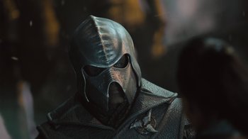 Movie still from “Star Trek Into Darkness” (2013), directed by J.J. Abrams – A person wearing a metal helmet; Close Up shot, Over the shoulder angle