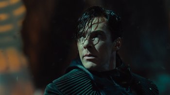 Movie still from “Star Trek Into Darkness” (2013), directed by J.J. Abrams – A person wearing a jacket; Close Up shot, Over the shoulder angle
