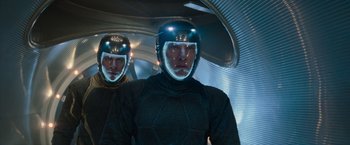 Movie still from “Star Trek Into Darkness” (2013), directed by J.J. Abrams – Two men in black suits and helmets in a room; Close Up shot, Low angle