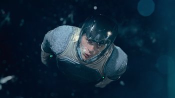 Movie still from “Star Trek Into Darkness” (2013), directed by J.J. Abrams – A man in a space suit is flying through the air; Medium shot, Overhead angle