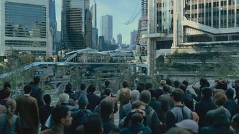 Movie still from “Star Trek Into Darkness” (2013), directed by J.J. Abrams – A crowd of people standing in front of buildings; Extreme Wide shot, High angle